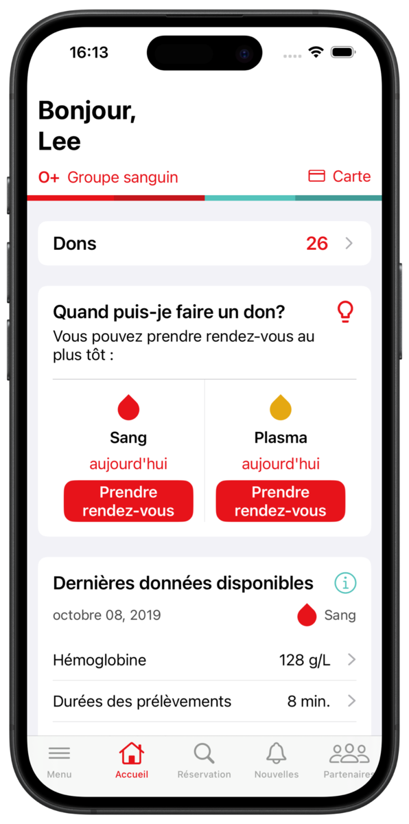 The home screen of the GiveBlood app.