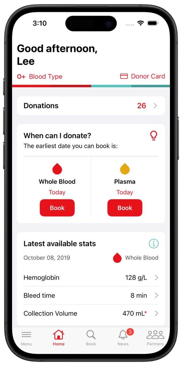 The home screen of the GiveBlood app.