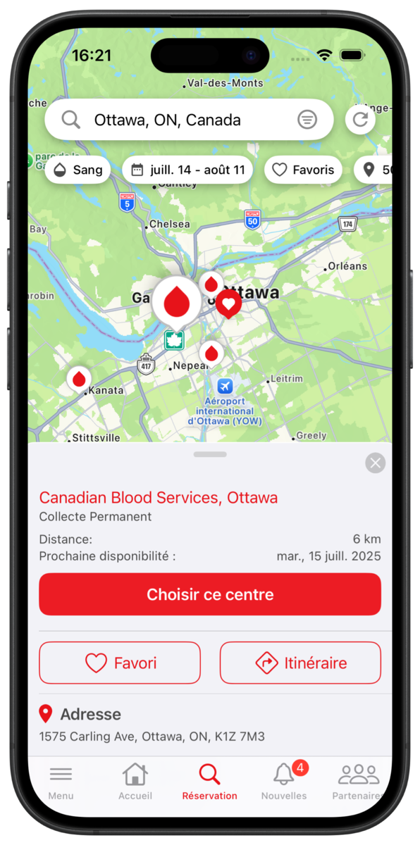 The search screen of the GiveBlood app.