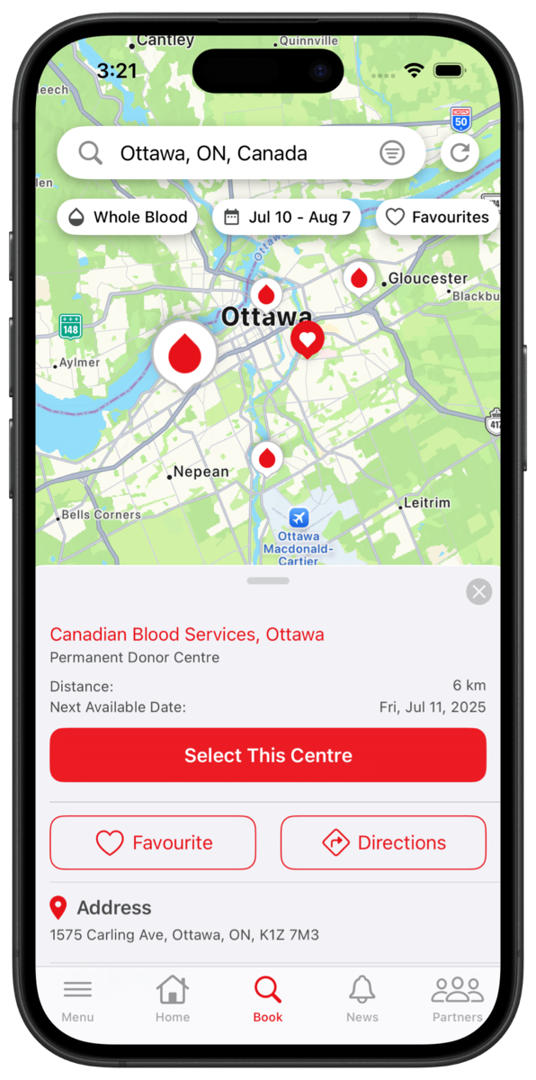 The search screen of the GiveBlood app.